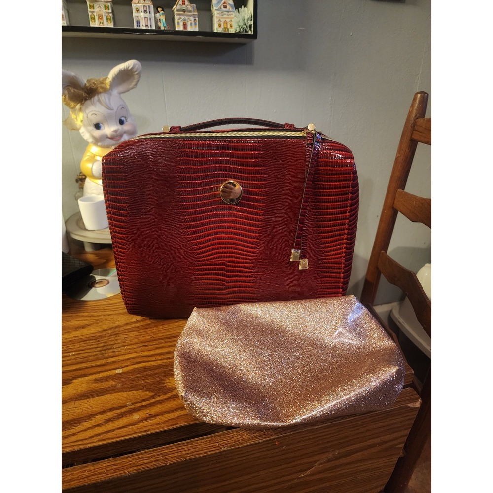 Vintage Estee Lauder Large Red Cosmestic Briefcase Faux Crocodile Plus Extra